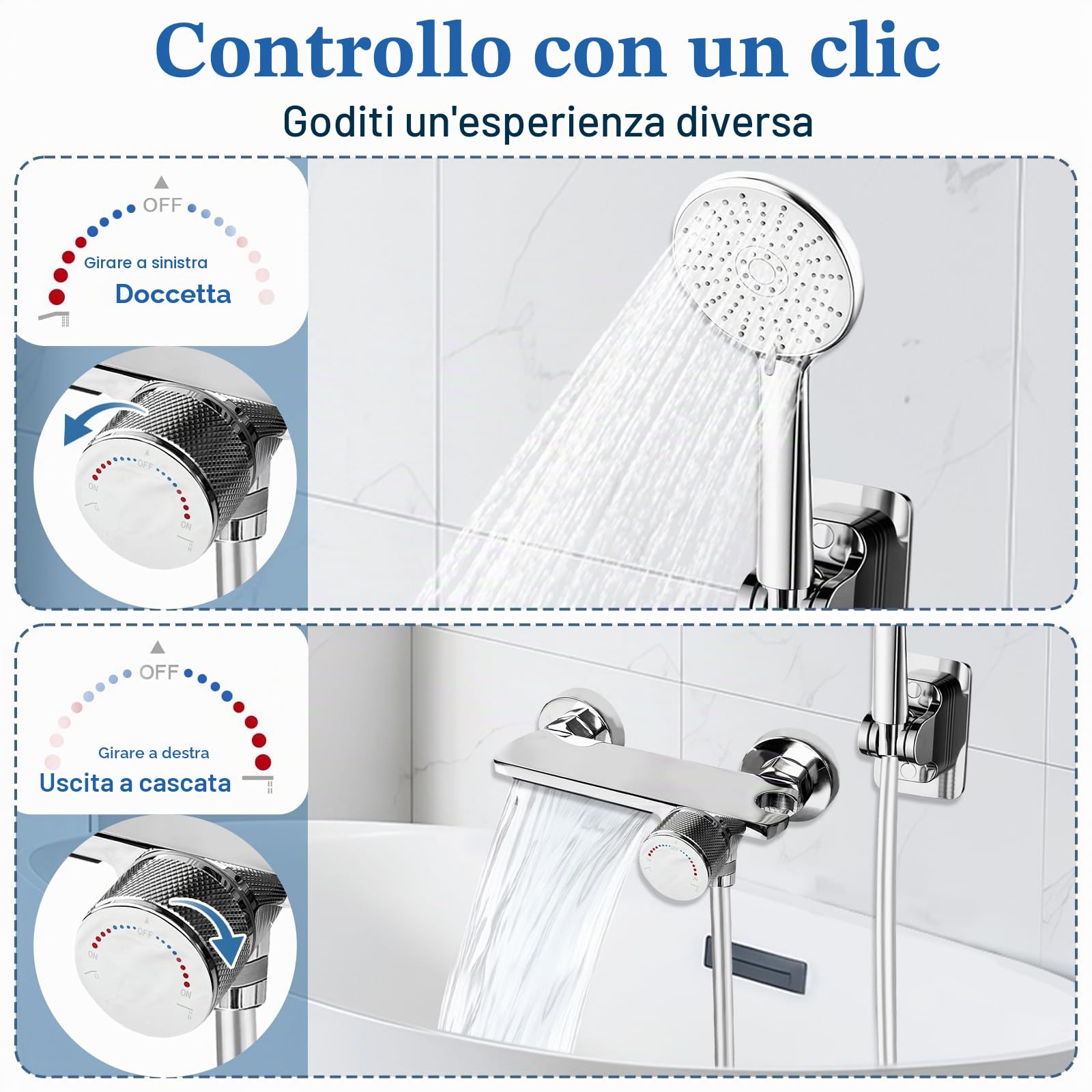 Rubinetto Vasca da Bagno a Parete, Miscelatore Cascata con Doccetta, Tubo 1,5m Antigroviglio, Ottone Massello, Cromato Argento