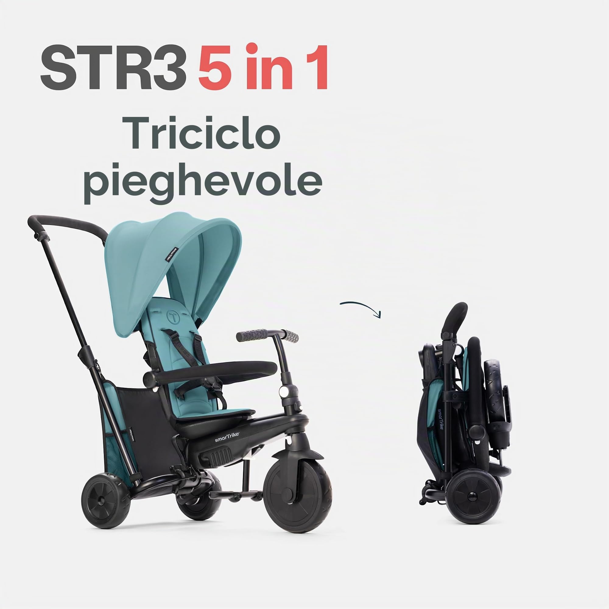 smarTrike STR3 Triciclo pieghevole per bambini piccoli con certificazione passeggino per 1,2,3 anni - Triciclo multiplo a 6 livelli, Turchese