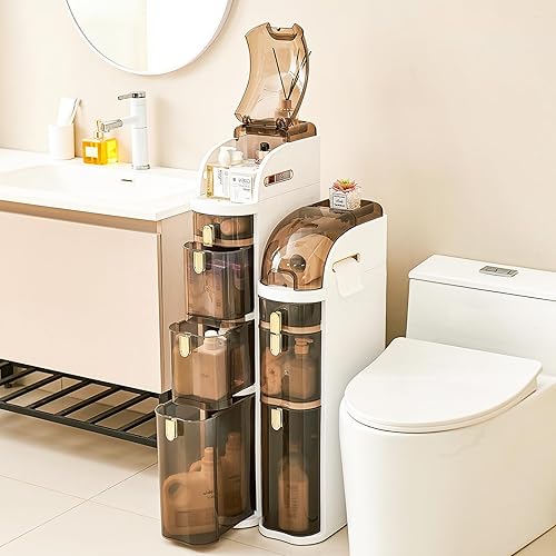 UFORU 4-Tier Slim Bathroom Storage Cabinet – 7.1" Narrow Tall Storage Cabinet, Movable Floor Waterproof Organizer Cabinets with Wheels, Drawers & Tissue Box for Small Spaces