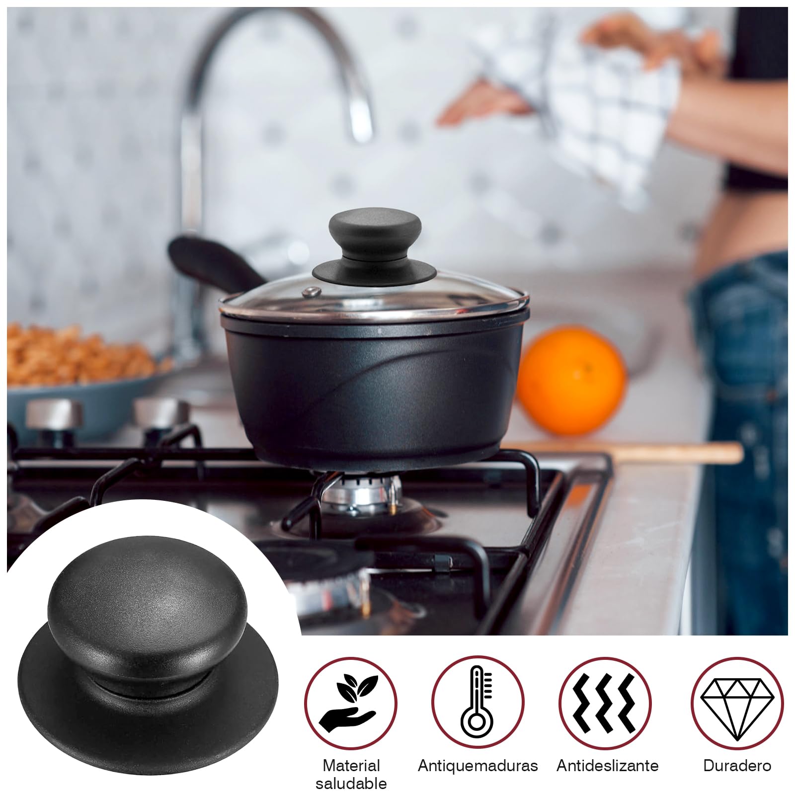 VEGCOO Perilla De La Tapa Pomo Universal para Tapa Asa De La Tapa Mango De La Tapa De La Olla Pomos para Menaje De Cocina Tapas para Ollas Negro