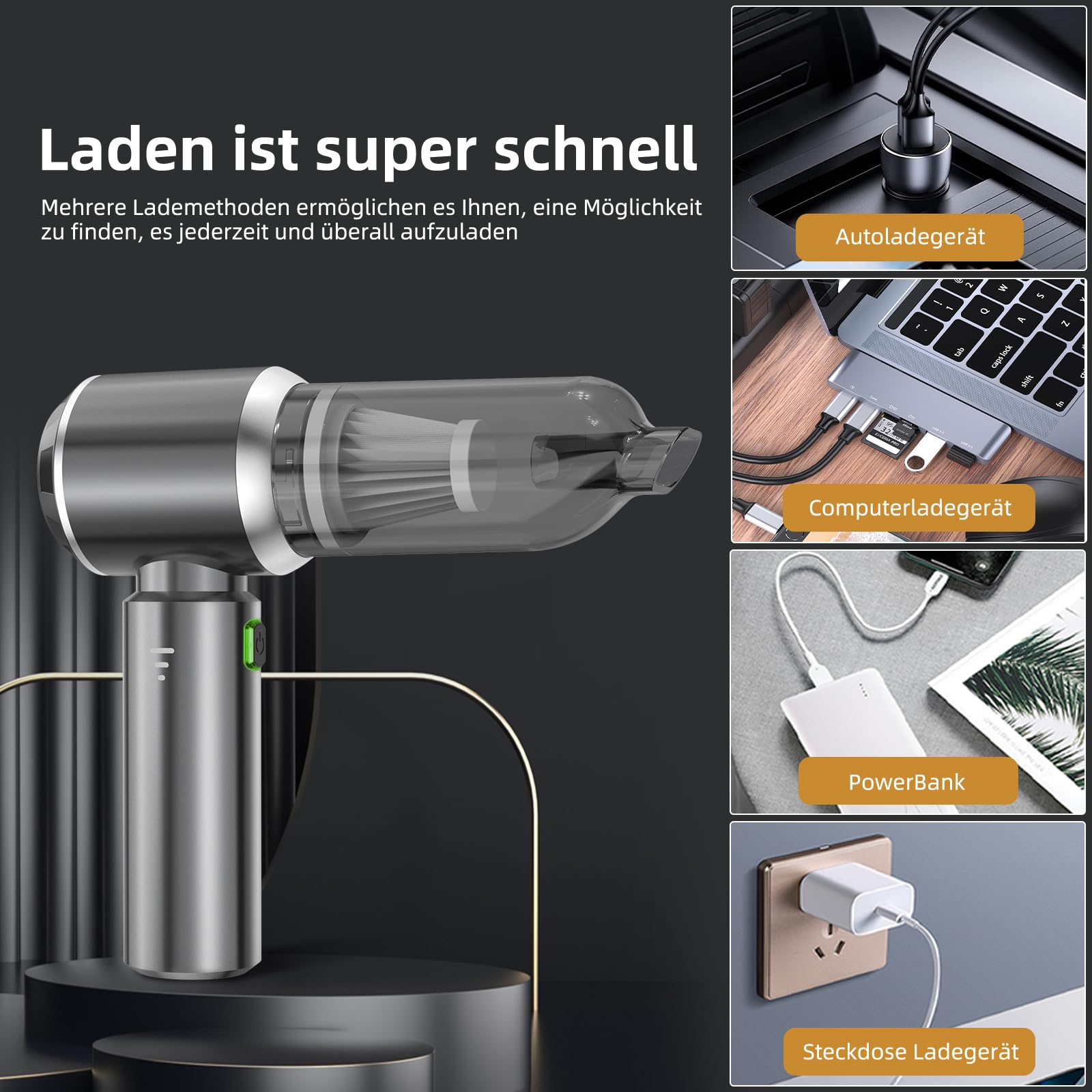 Handstaubsauger, Handstaubsauger Akku, 26000Pa Autostaubsauger mit Bürstenloser Motor, 3-Gang Mini Staubsauger, Auto Kabellos Staubsauger für Büro Genutzt, Haus, Küche, Tierhaare