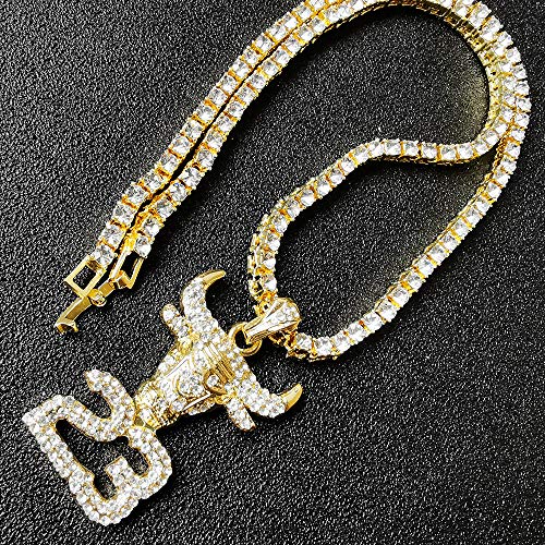 HH Bling Empire Mens Iced Out Hip Hop 14K Gold Artificial Diamond NBA Basketball Related Pendant cz Tennis Chain Necklace 22 Inch (NO.23-3) - Thumbnail 4