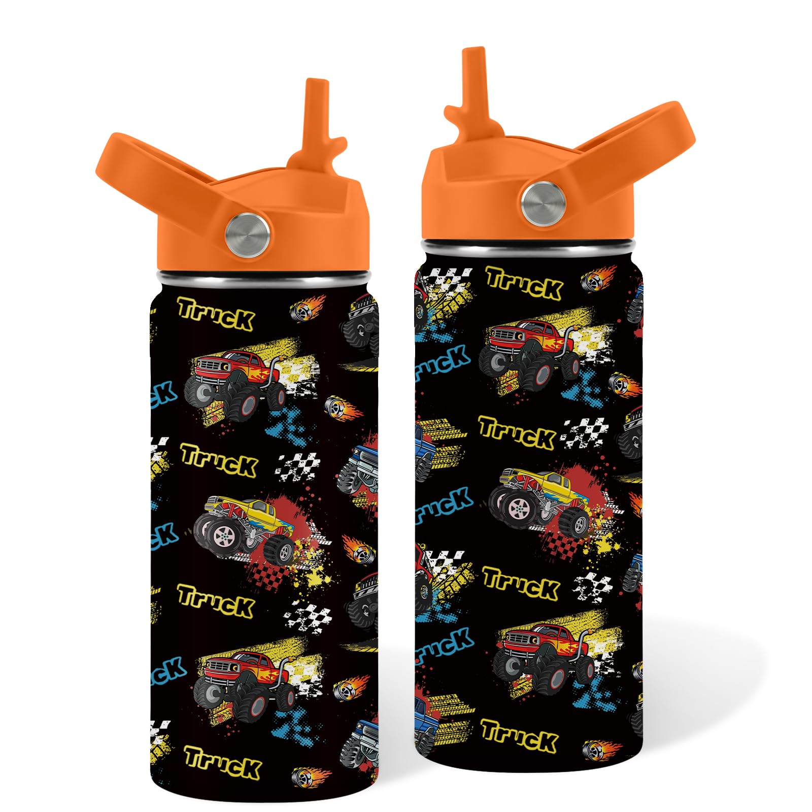 Truck Gifts for Kids, 16oz Black Kids Water Bottle with Straw Lid, Stainless Steel Insulated Tumbler, Leakproof, BPA-Free, for School, Travel, Truck Lovers Children Birthday Gift Cup