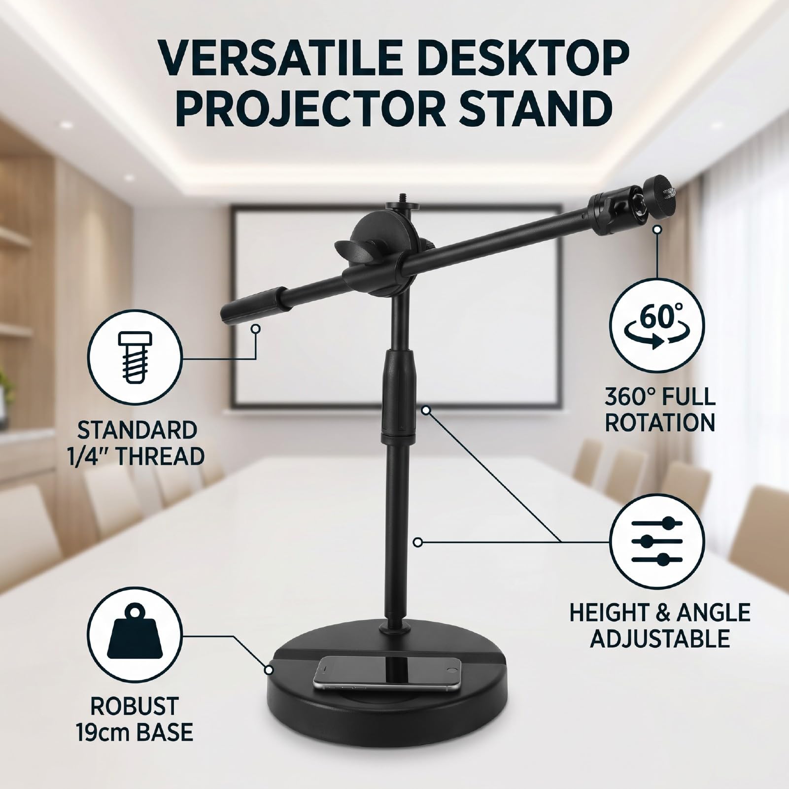 ASHATA Supporto per Proiettore da Tavolo Girevole a 360 Gradi in ABS con | Per Sale Conferenze Domestiche, Mini Proiettore, Fotocamera, Webcam, Anello Luminoso, Base Antiscivolo, Angolo Regolabile,