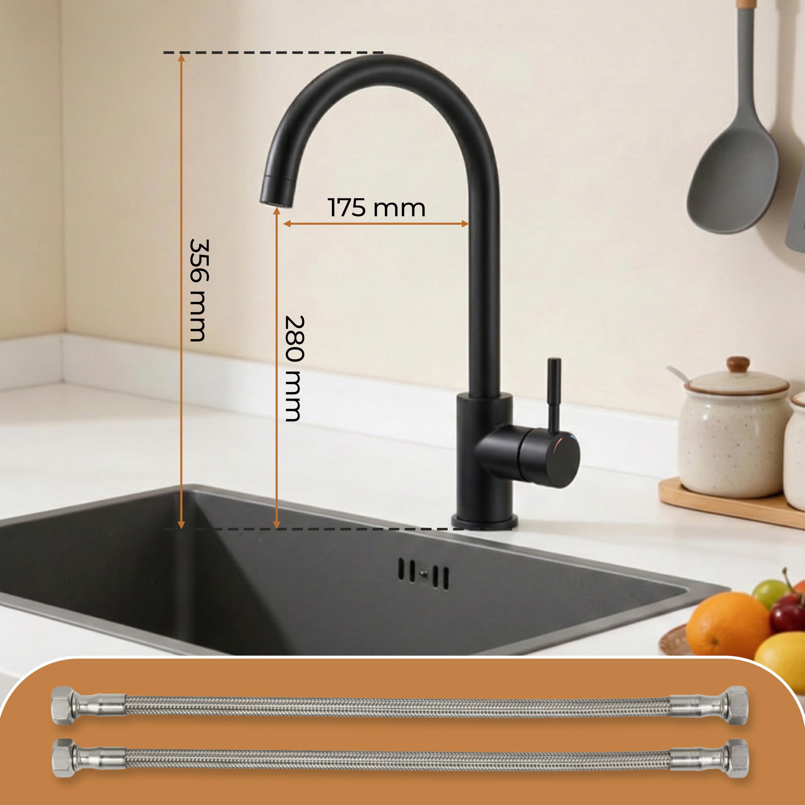 MELTA. Robinet Cuisine Pivotant 360° – Mitigeur Évier Arc Élevé en Acier Inoxydable, Robinet Cuisine avec Levier Unique, Robinet Évier Cuisine Moderne, Installation Facile (NOIR MAT) - 2