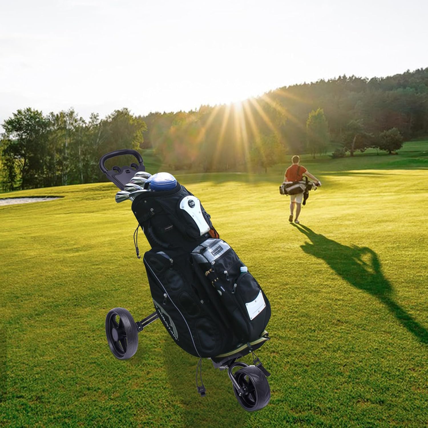 Golf Push Cart, Lightweight Aluminum 3-Wheel Foldable Golf Bag Cart, Quick Fold Golf Caddy Carts w/Folding Frame, EVA Wheels, Adjustable Handle and Scorecard & Drink Holder for Different Terrain