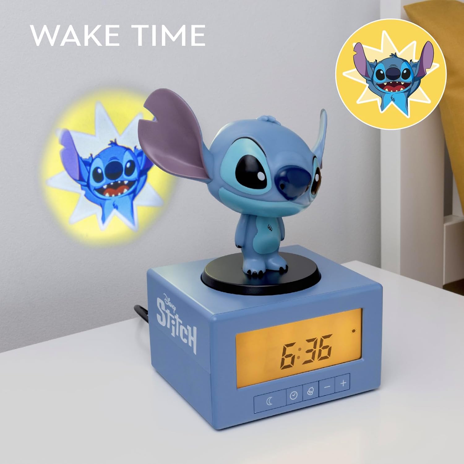 Stitch alarm clock projecting a yellow happy Stitch image for wake time