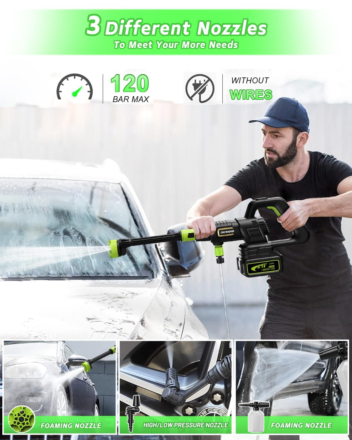 Hidrolimpiadora Bateria, 120 Bar Hidrolimpiadora de Alta Presion con Motor sin Escobillas y 2 Bateria 4.0Ah, 3 Niveles Ajustables, Hidrolimpiadora de Bateria para Limpieza de Autos