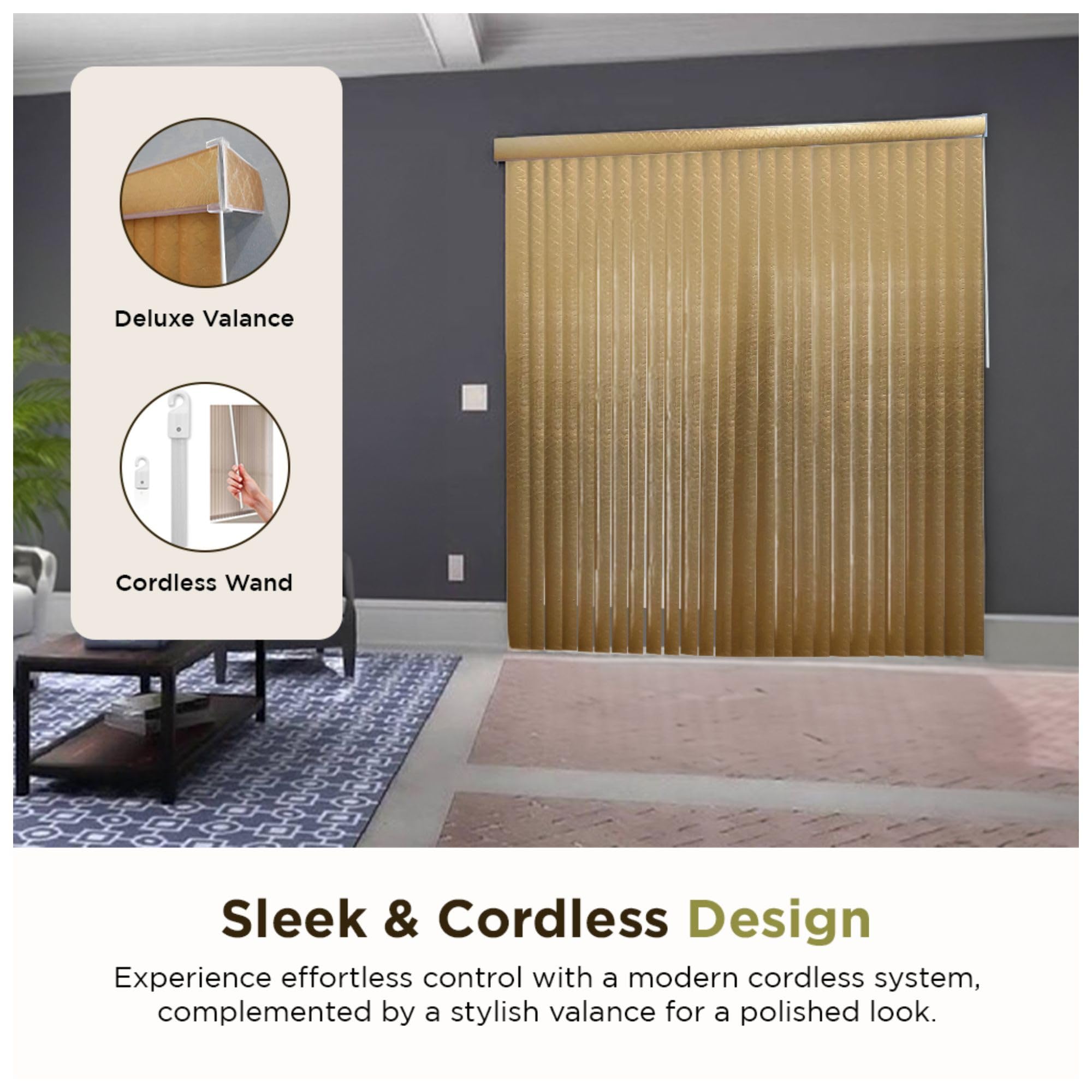 BlindDen - Vinyl Vertical Window Blinds for Home - Vertical Blinds for Sliding Glass Doors - Infinity Gold, 86