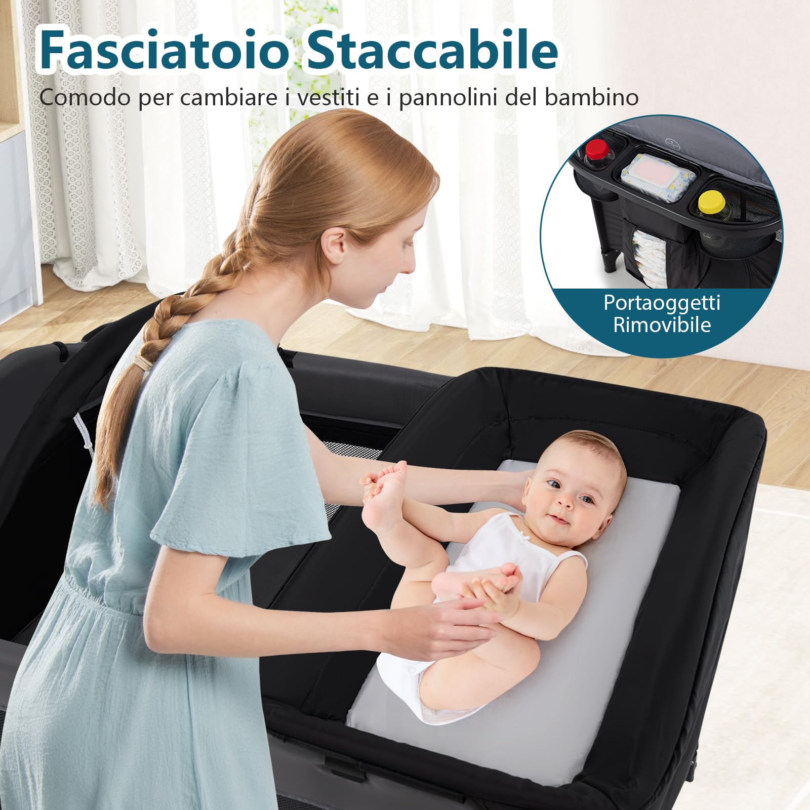 COSTWAY Lettino da Viaggio Pieghevole, Culla Portatile per Bambini, Lettino per Bambini con 4 Altezze Regolabili, Fasciatoio, Materasso, Box Bambini, per Bambini 0-3 Anni