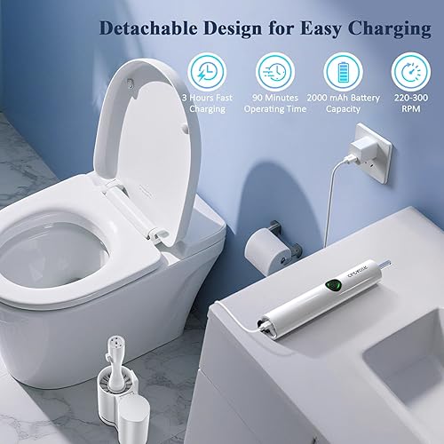 Miniatura 5 de Juego de escobilla de inodoro eléctrica y soporte, limpiadores multifunción con mango sólido y cerdas duraderas, fácil limpieza profunda para baño,