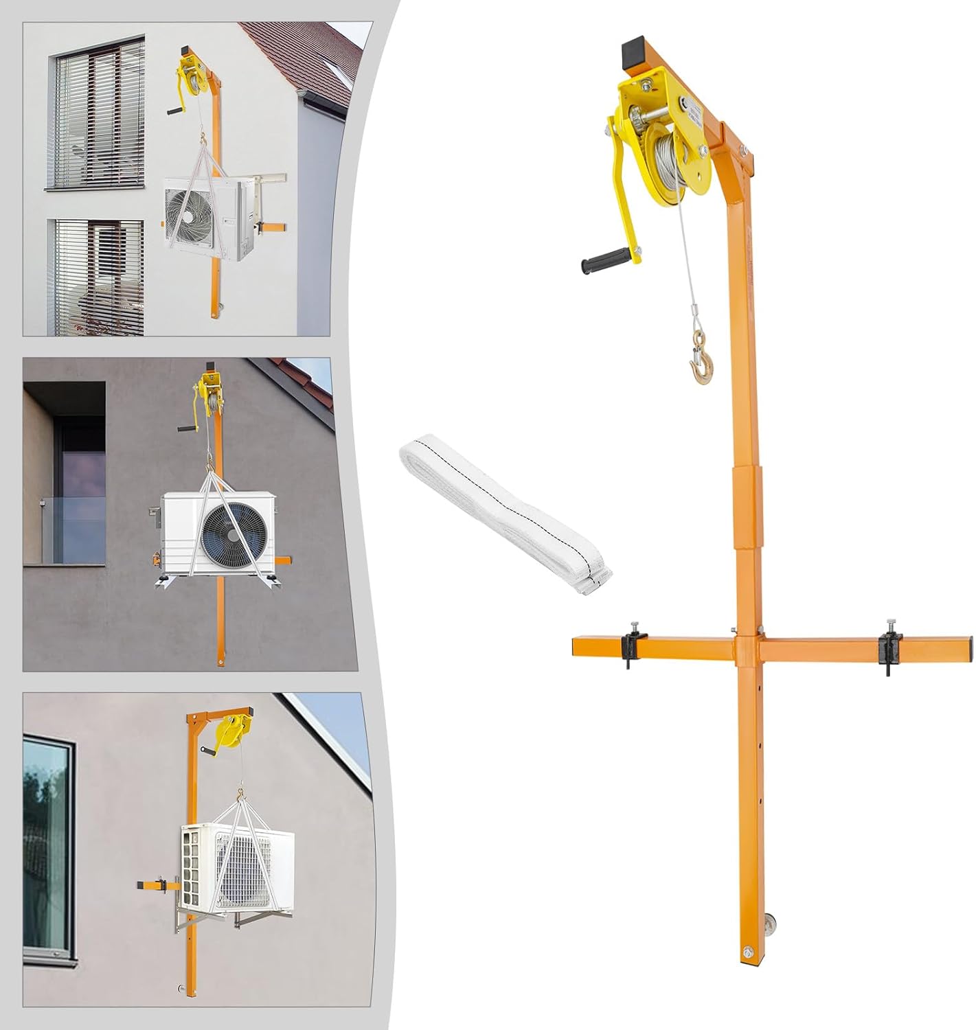 Air Conditioner Outside Installation Lifting Tool, Hand Winch Air Conditioner Triangle Bracket Crane Tool with Special Hanger, Pulley and 15m Rope, Stainless Steel Outdoor Crane Bracket Tool