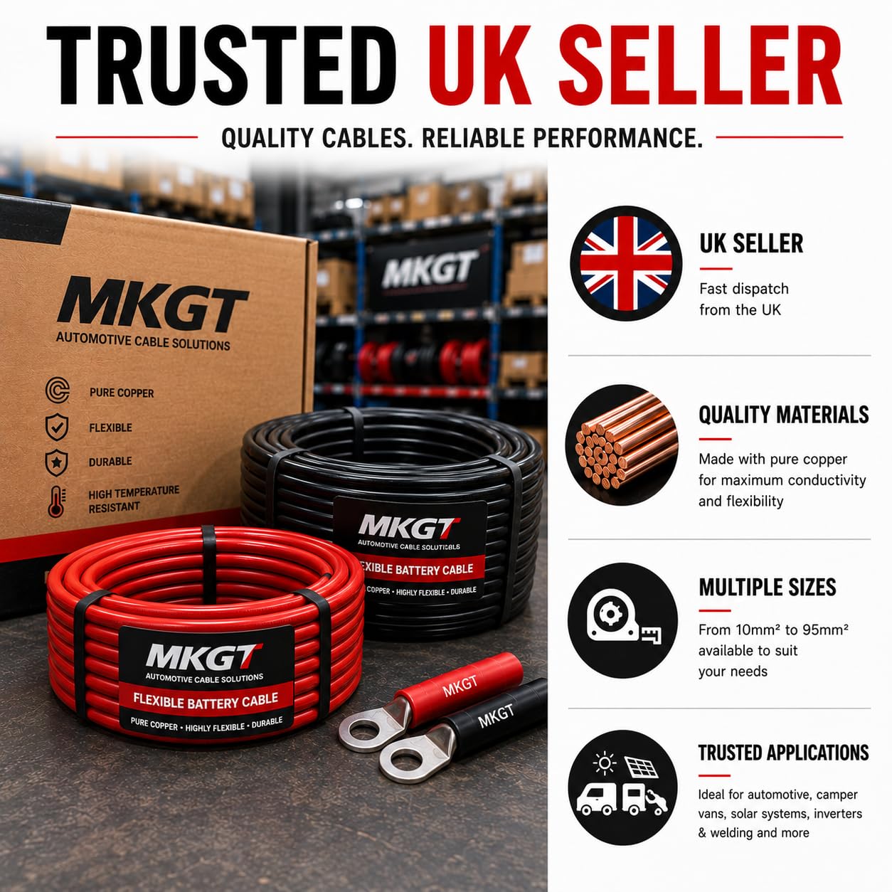 MKGT® - Cable flexible de PVC para batería, arranque y soldadura, color rojo y negro, 110/170/345 A, 16 mm, 25 mm, 35 mm (70 mm² negro, 1 metro)