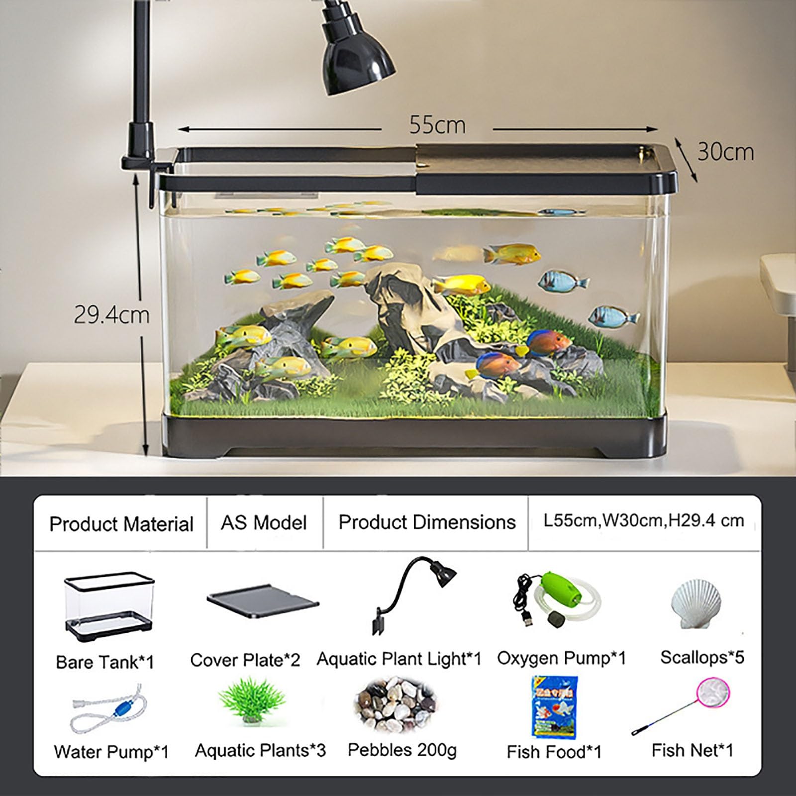 Set da scrivania per acquario, serbatoio di avviamento ultra trasparente, piccolo serbatoio per pesci, sistema autopulente, per principianti, kit per mantenere gamberetti Betta (nero, piccolo)