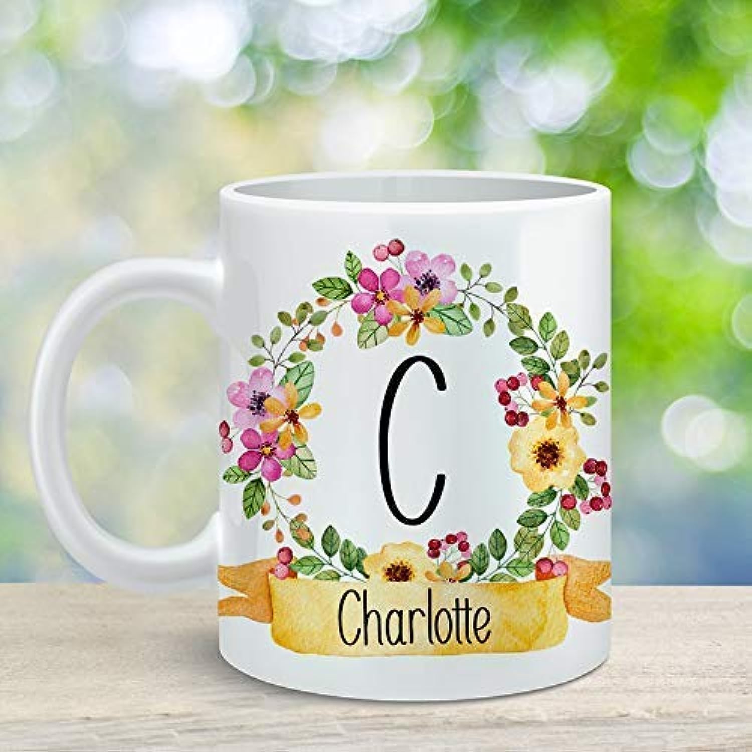 YUKE Personalized Name Coffee Mug - Monogram Initial Customized Cup, Bridesmaid Gift, Floral Design, Yellow Pink