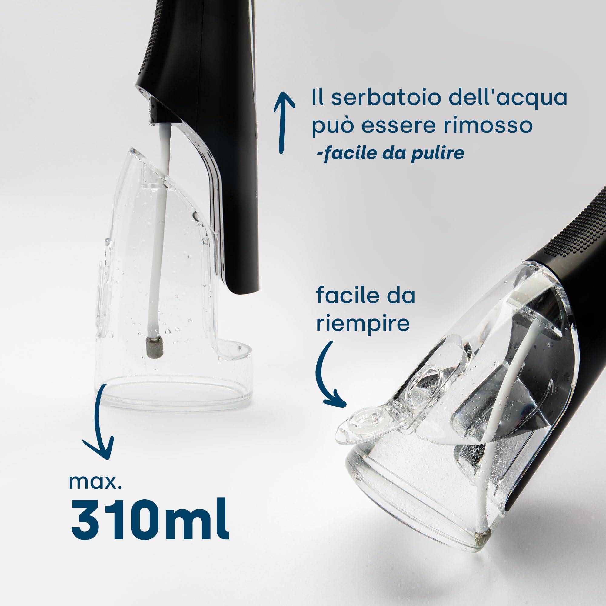 emmi-dent Irrigador bucal inalámbrico, 310 ml, limpiador interdental con limpieza a 360° para un cuidado dental profundo, 4 modos de limpieza, 4 boquillas
