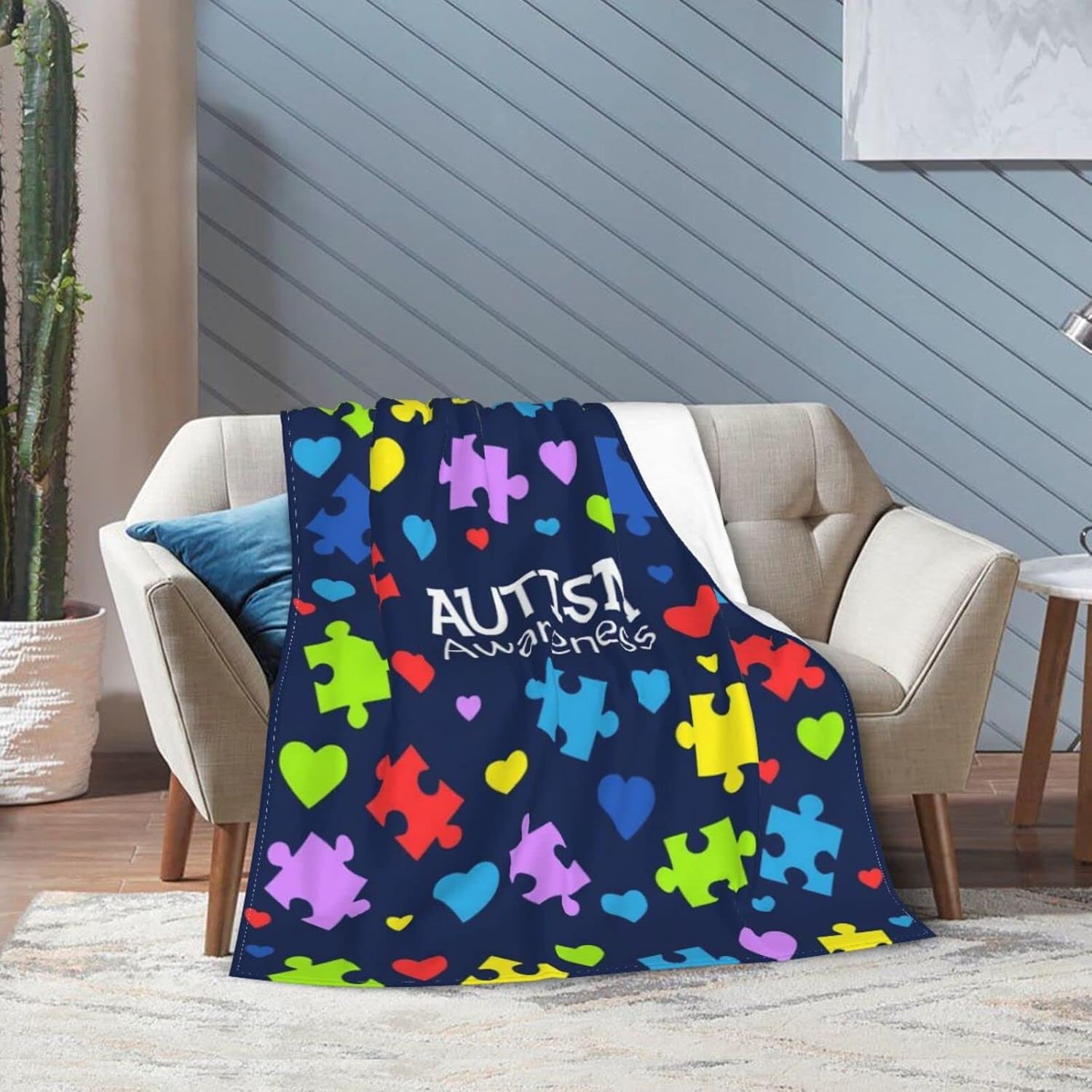 毛布 自閉症啓発柄 フランネル毛布 柔らかい肌触りのシングル毛布 暖かい 抗ピリング 洗える ソファに最適 ベッド用80x60inc