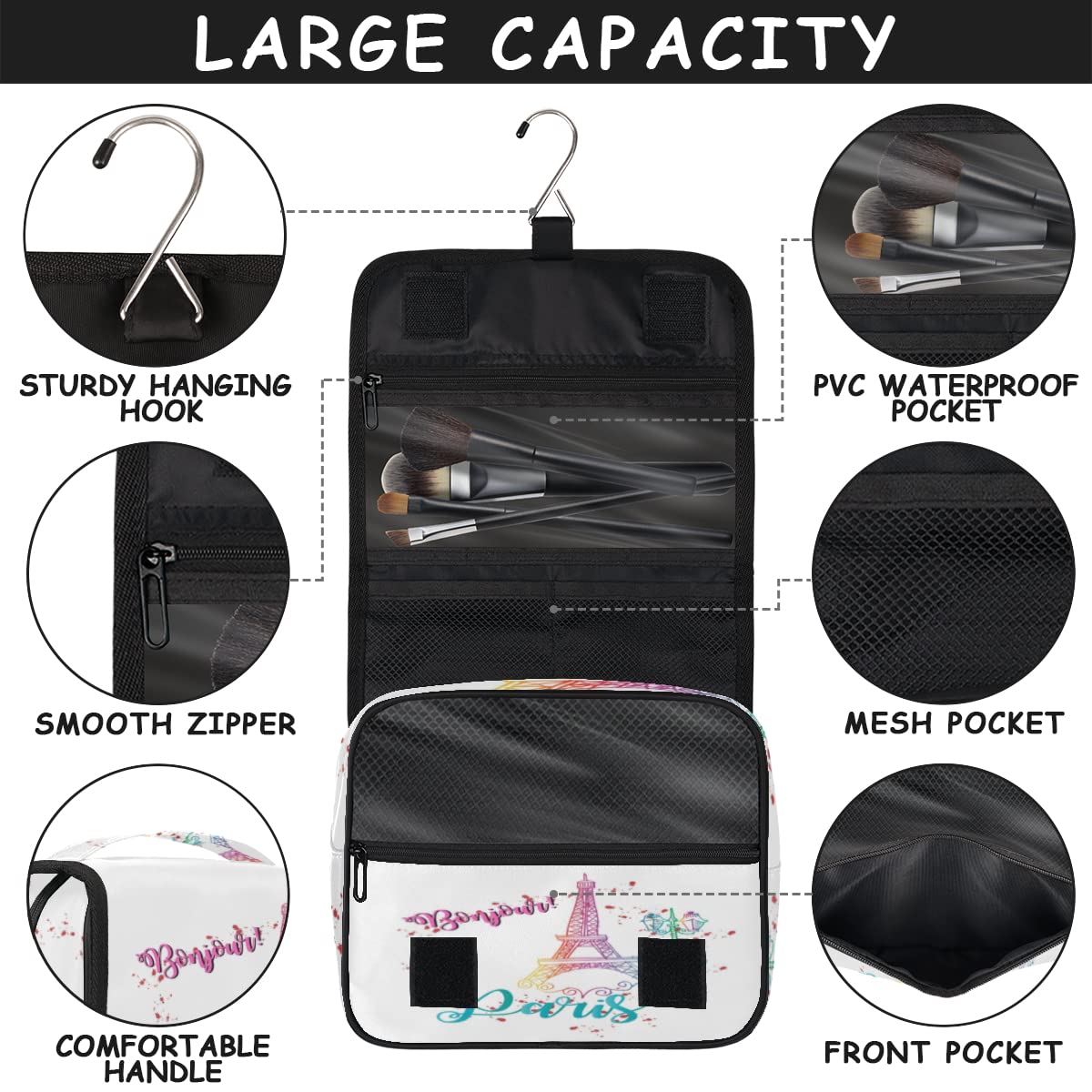 Wieża Eiffla Podróżna kosmetyczka Wieża Eiffla Mycie Torba Unisex Wiszące przybory toaletowe Kosmetyczka Organizer do makijażu, wielobarwny, Jeden rozmiar
