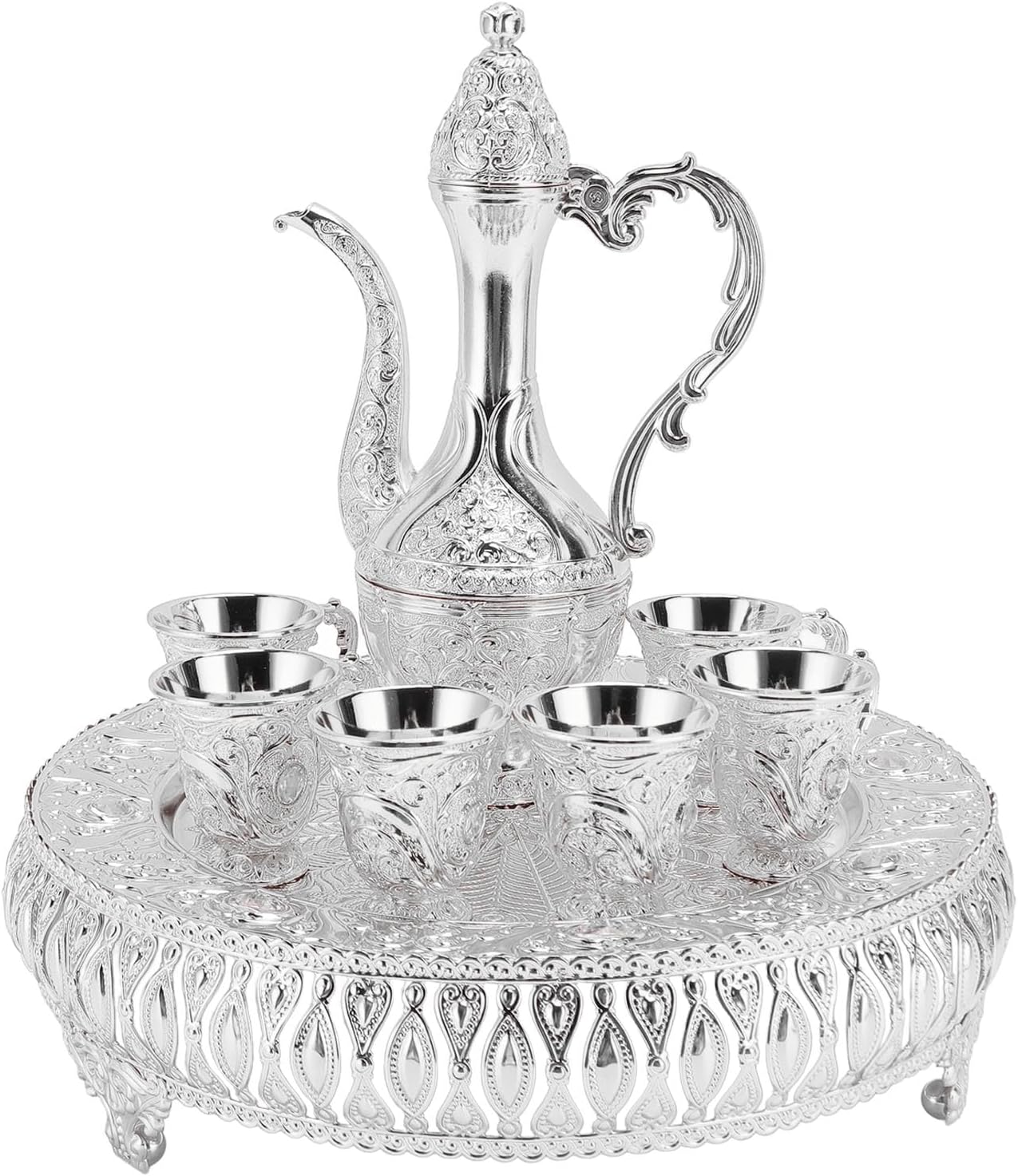 Turkish Tea Set Vintage Wine Pot Set Zinc Alloy Coffee Pot Set with 6 Cups Tray Pot, Retro Wine Pot Kit for Banquet, Gathering, Home, Bar(Silver)