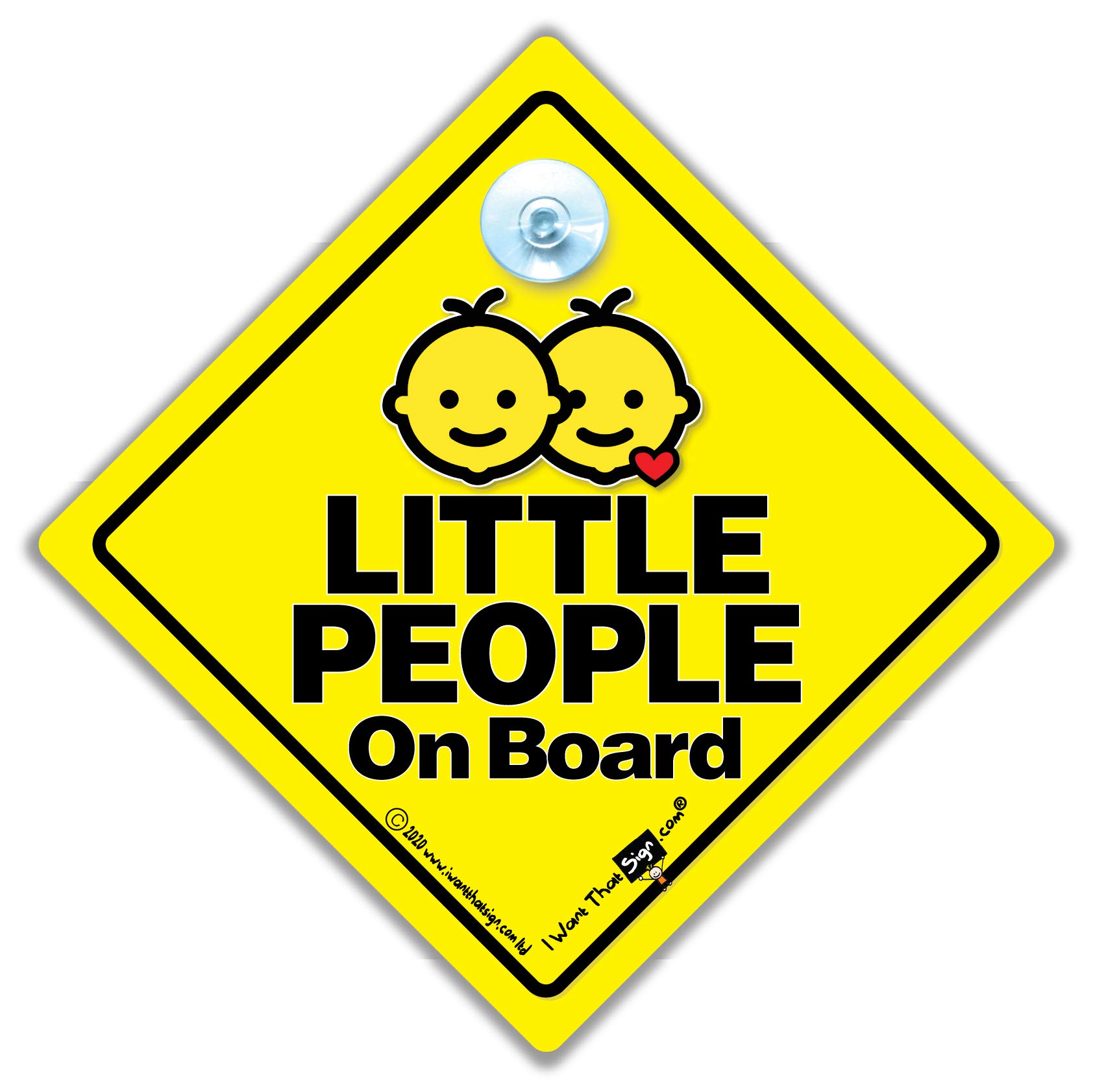 Little People On Board Car Sign Red Heart, Baby on Board Sign in High Visibility Yellow, Black Text and a Suction cup Attachment