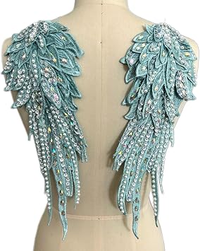 Wings Sequins Guardian Angels Patches Rhinestone Applique On for Clothes Jackets Jeans Dress DIY Decoration,1 Pair Blue-Green