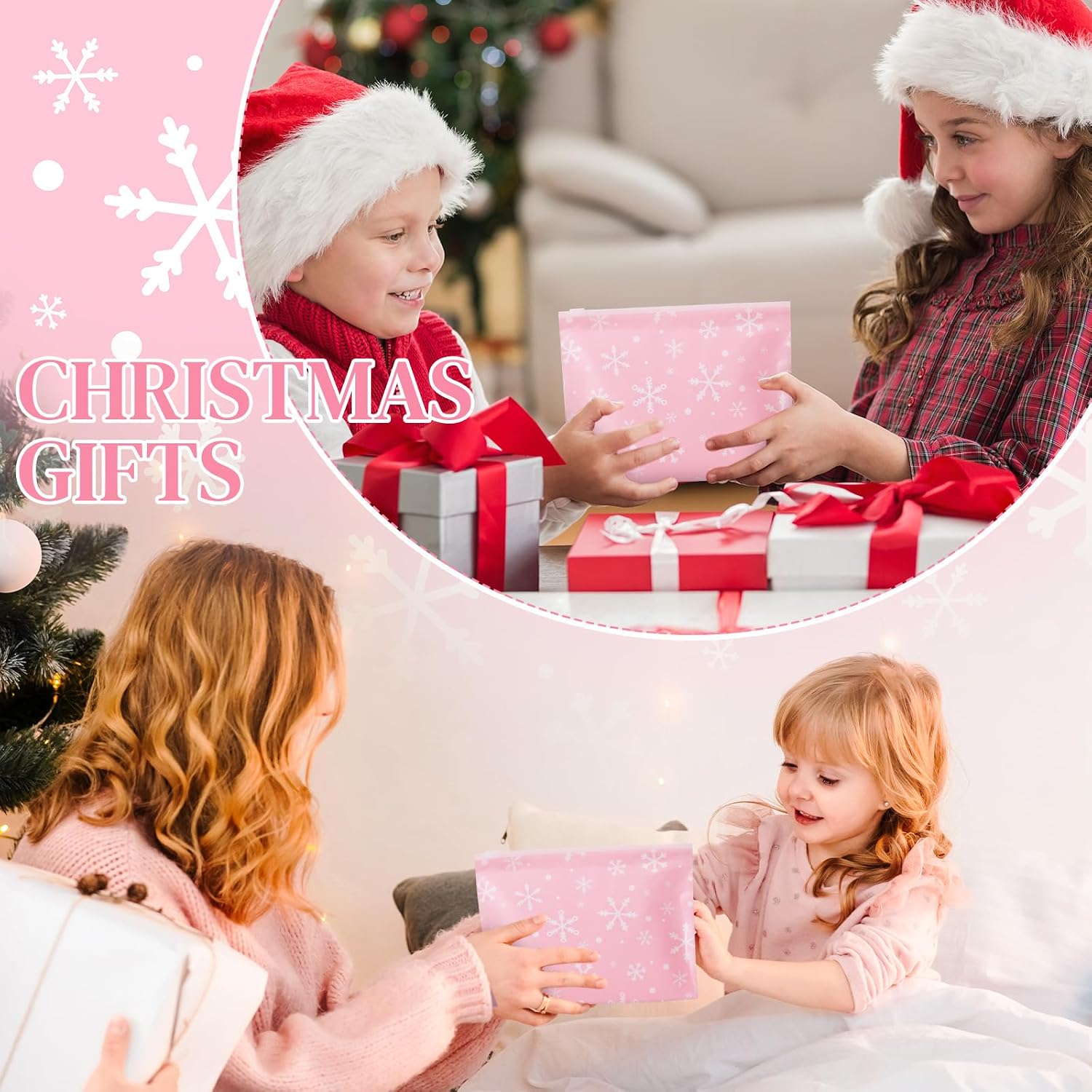 Sanwuta 100 Pcs Christmas Cosmetic Bags, Pink Snowflake Makeup Pouches image 3