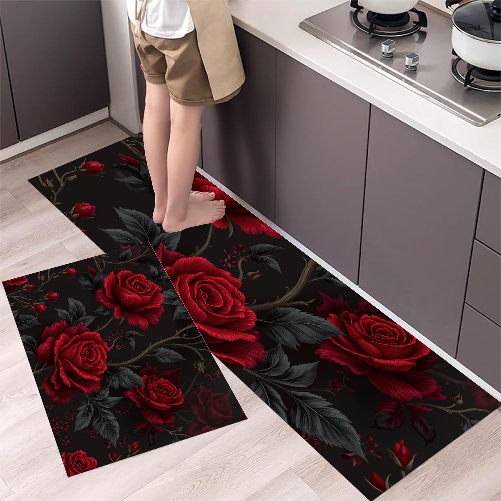 Tapis de cuisine antidérapants lot de 2 rouge foncé lavables 44x120cm