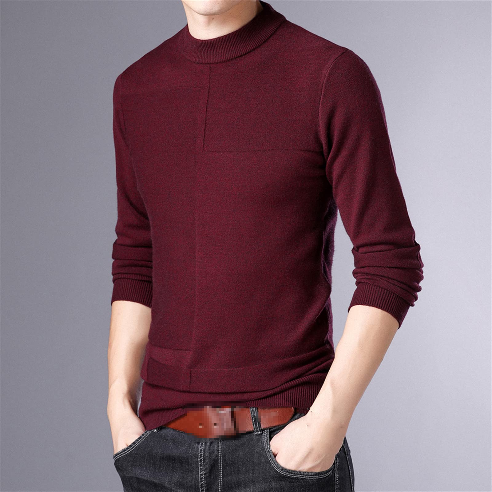 Vogrtcc Suéter de punto jersey de cuello redondo suéter de color sólido simple de los hombres casuales suéter, marrón oscuro, XL