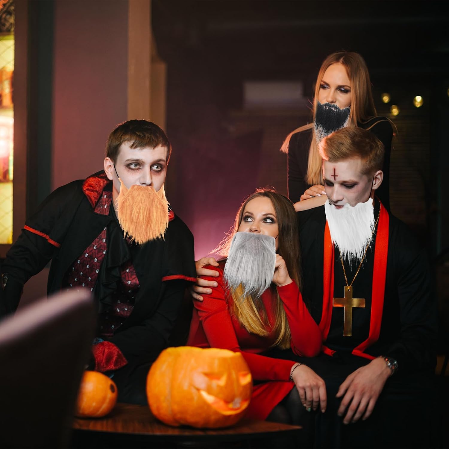 DIVINA VITAE 4 Pcs Fake Mustaches Funny Realistic Fake Beards Adjustable Costume Beard with Elastic Strap for Adults Halloween Costume Party Cosplay Facial Supplies (Black, Orange, White, Gray)