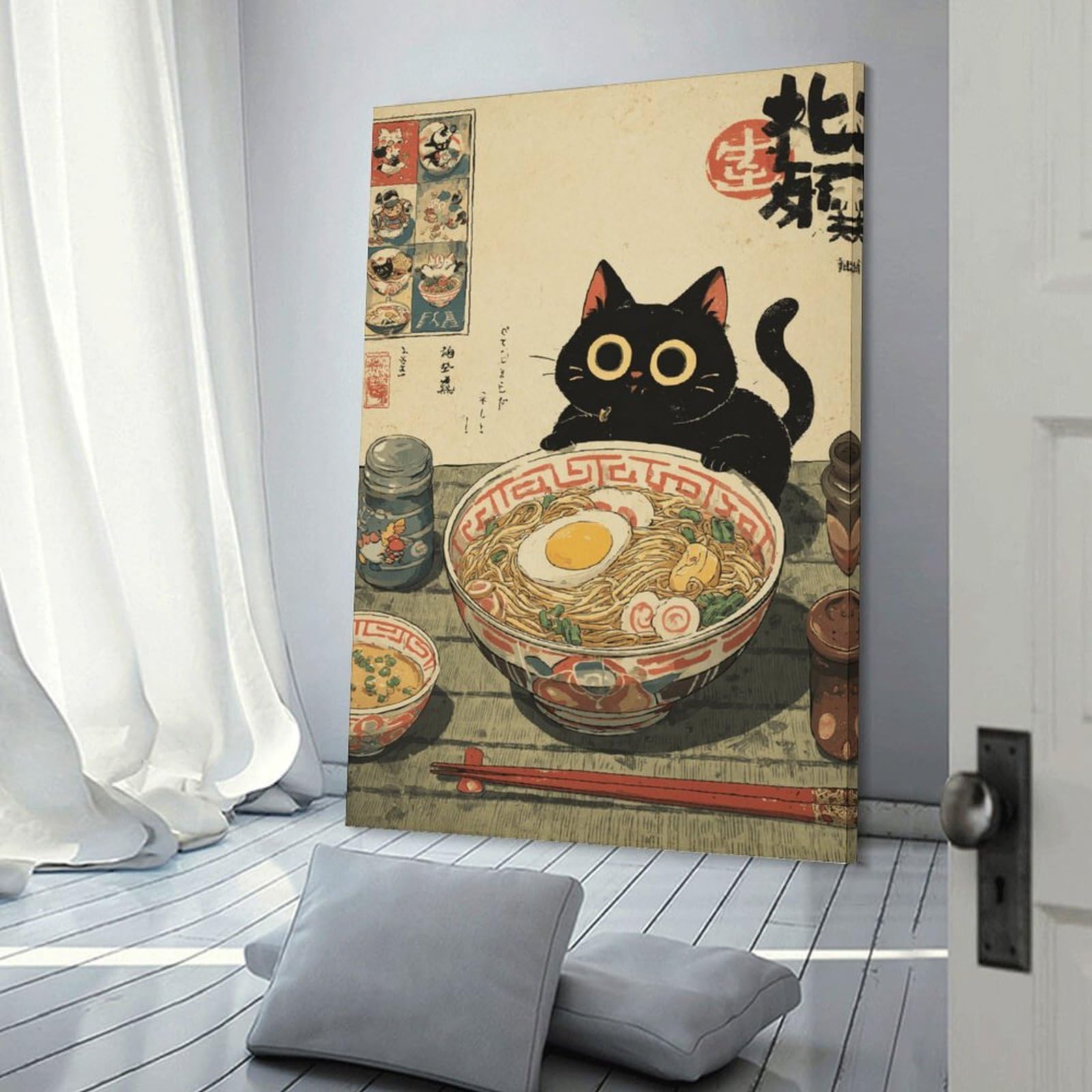 Junmoney Frame-Style-21 Japanese Ramen Noodles With Black Cat Canvas Wall Decor, 08X12inch(20X30cm), For Wall Displays, Bedrooms Or Room Updates, Wall Decor Suited To Curated Displays