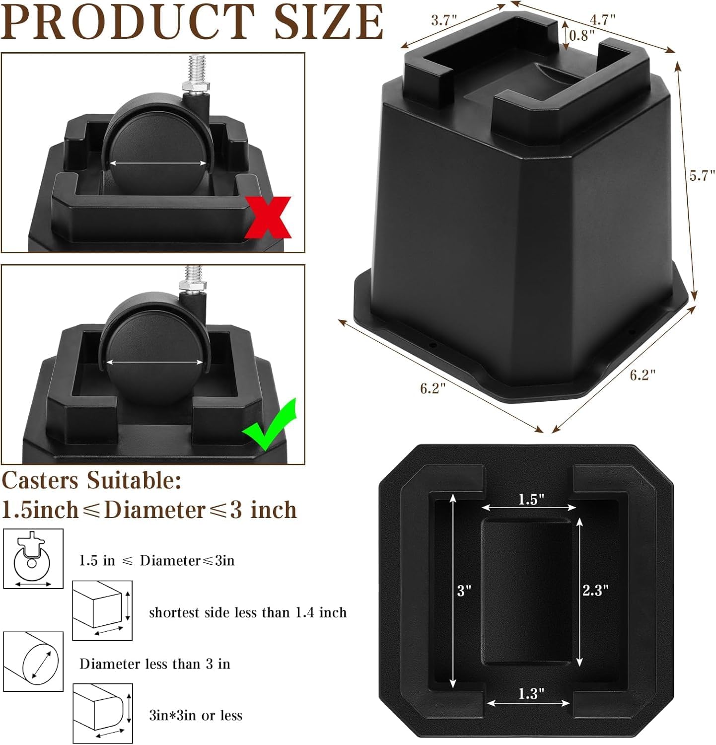 Adjustable Bed Furniture Risers Elevation in Heights Heavy Duty Risers for Both Posts and Wheels of Furniture Sofa Bed Couch Table (Black 6 Pack, 5 Inch)