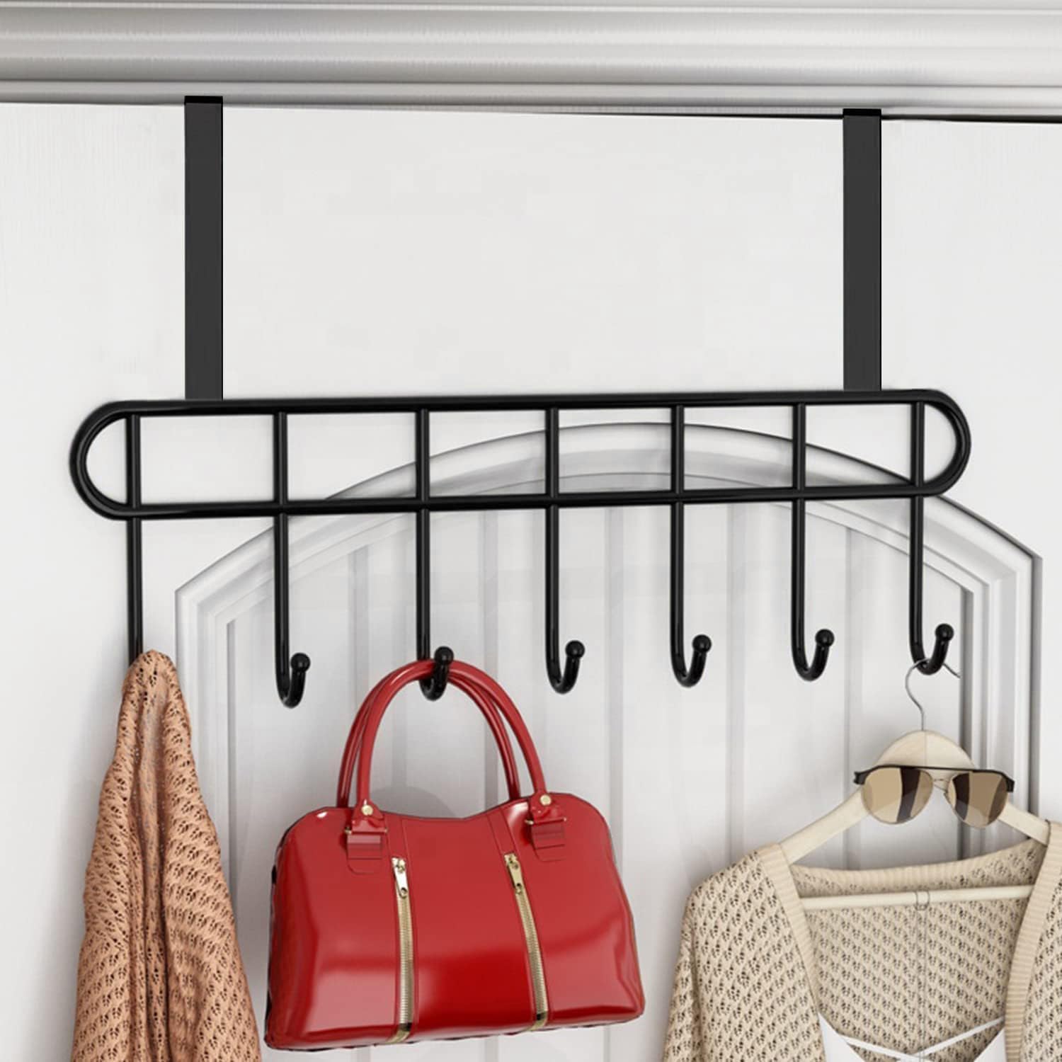 Over The Door Hook Rack Pack of 2 Heavy Duty 7 Hooks Hanger Without Drilling Door Hanging Organizer for Clothes, Towels, Bags, Bathroom, Bedroom & Home Storage Black-image-29