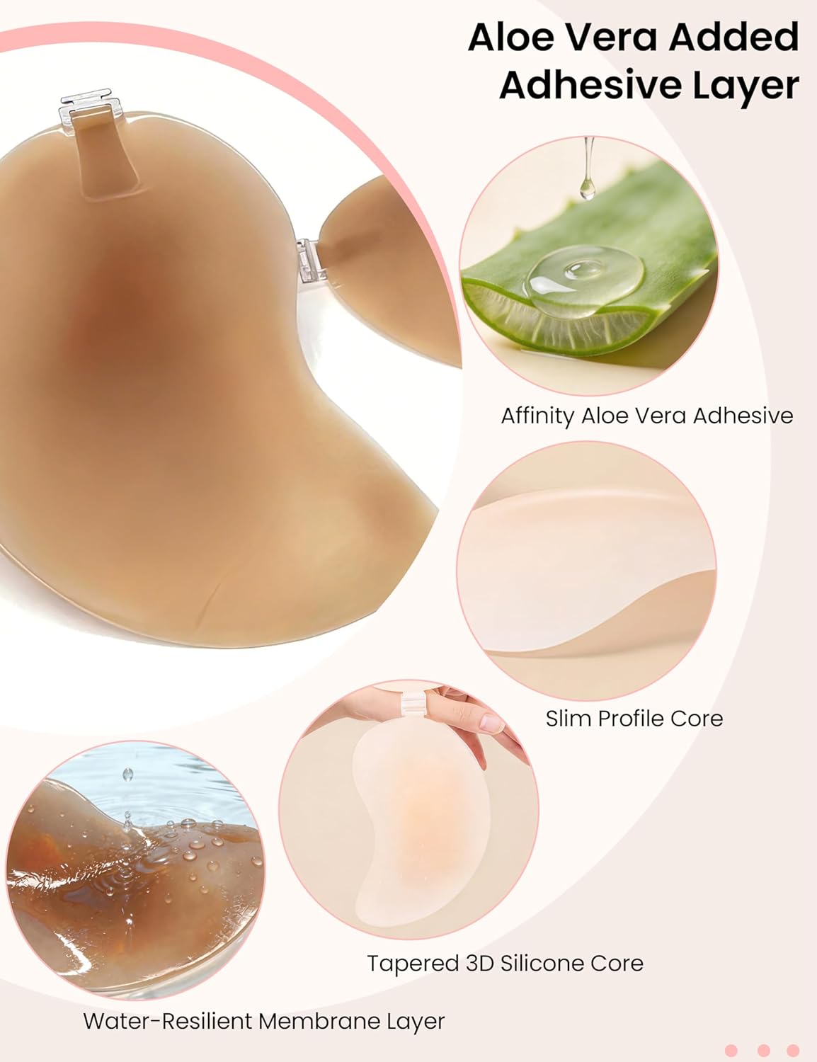 Rosefly Sticky Bra Push up for Women - Aloe AB Adhesive & Mango Arc Silicone, Gradual Thinness, Invisible Seamless Backless Strapless Bra for Dress, Cups D, Espresso