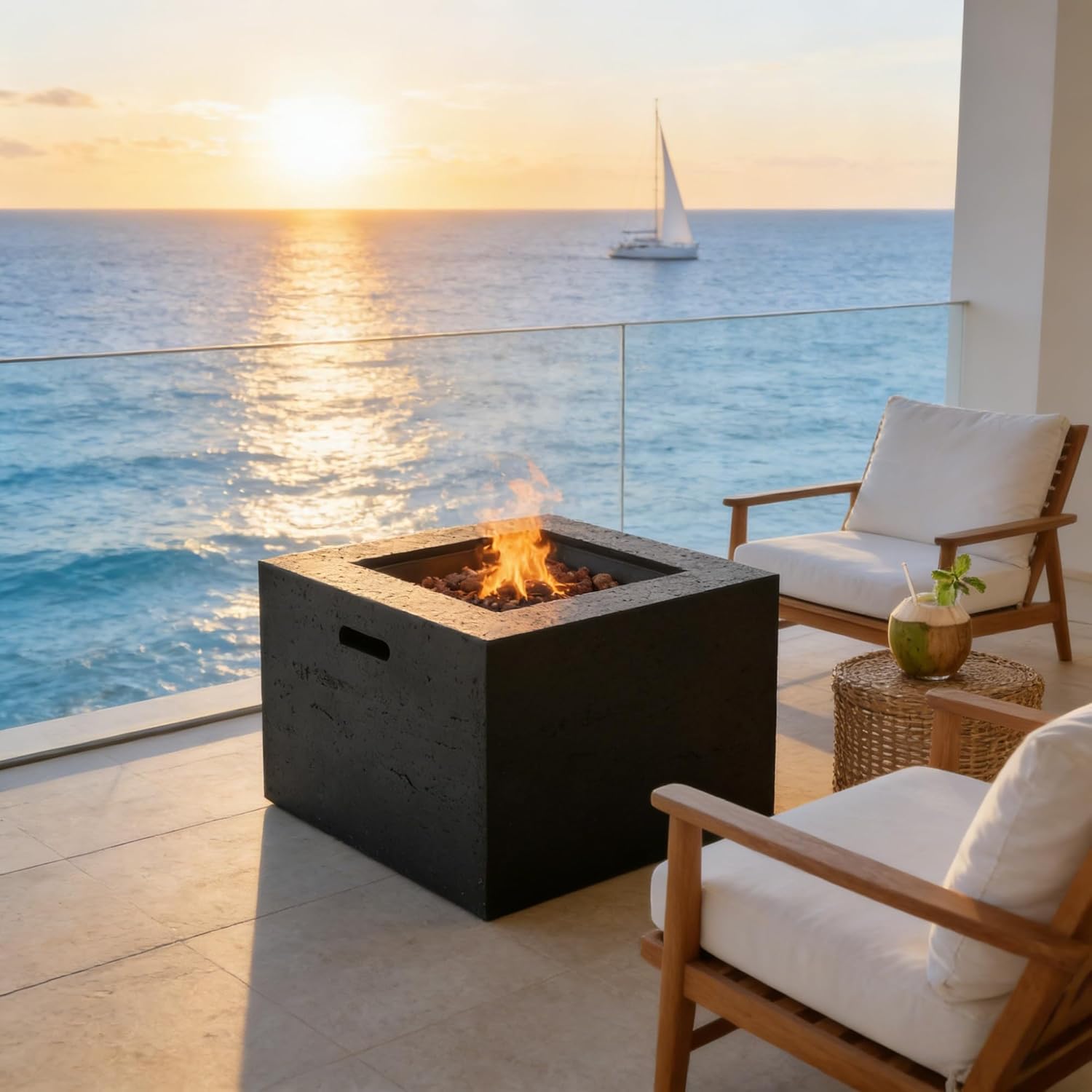 24" Square MGO Propane Fire Pit Table, Outdoor Fire Pit Black with Steel Burner, 40000 BTU, Adjustable Flame, Lava Rocks, and Rain Cover
