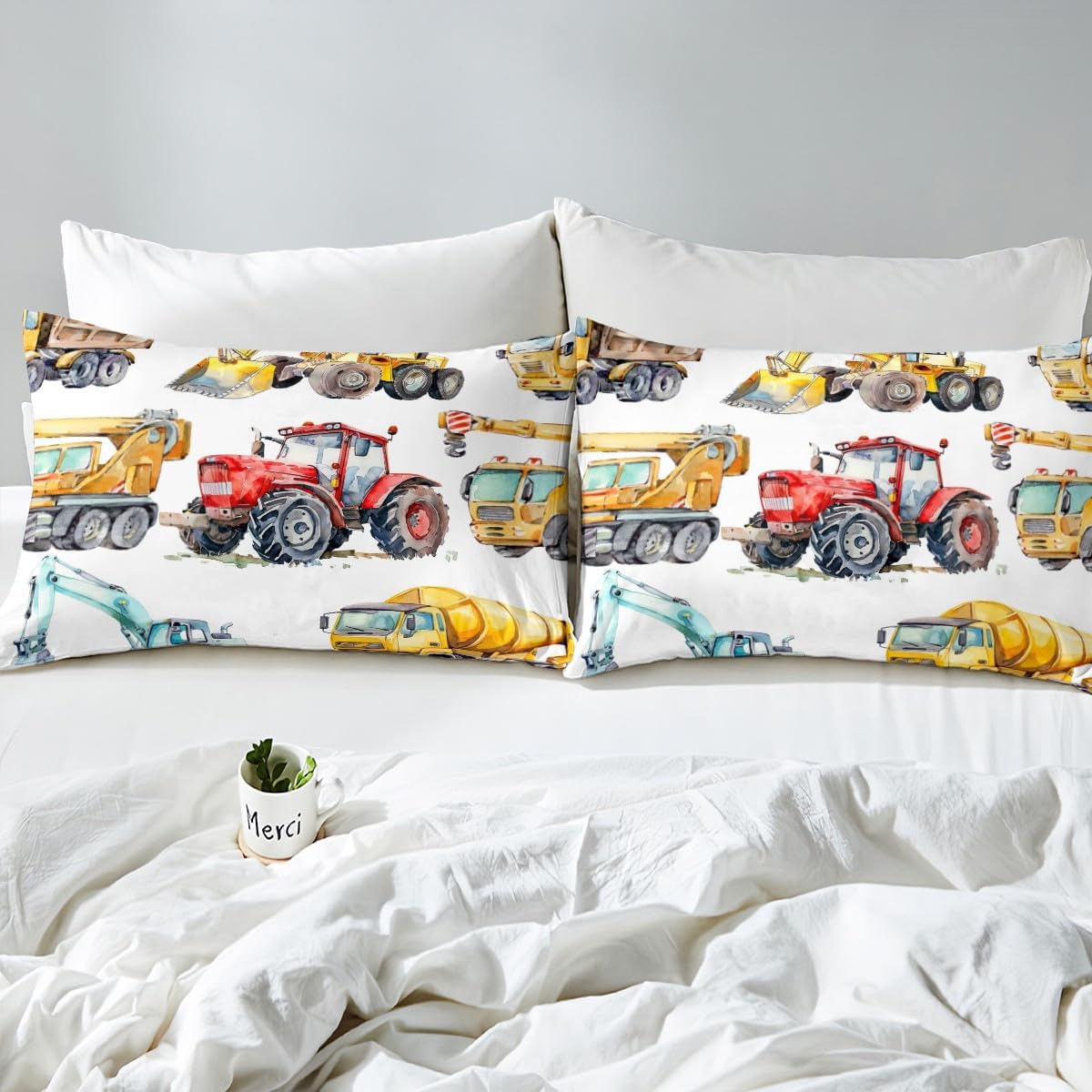 Erosebridal Kids Excavator Comforter Set Full Size, Retro Truck Down Comforter for Boys Girls Teens, Tractor Machinery Construction Vehicle Bedding Set Crane Digger Mixer Quilted Duvet Bedroom Decor