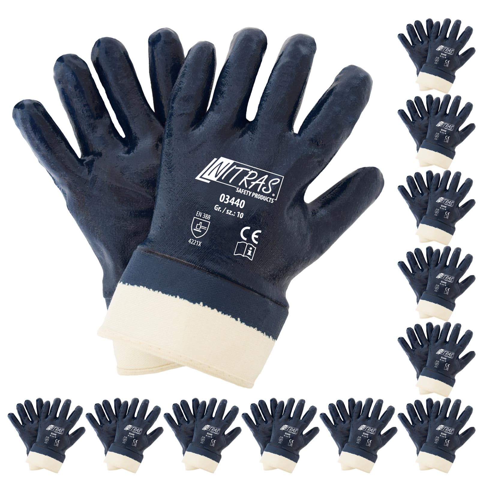 Nitras 03440 - Guanti da lavoro in nitrile con risvolto – 12 paia, taglia 10 (XL)
