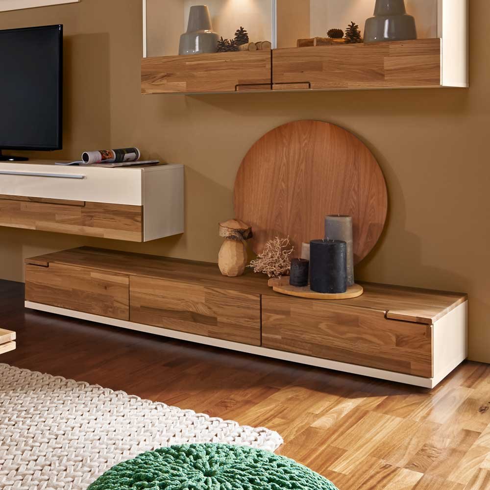 Parete di montaggio in bianco lucido con rovere massello (5 pezzi) con illuminazione Pharao24