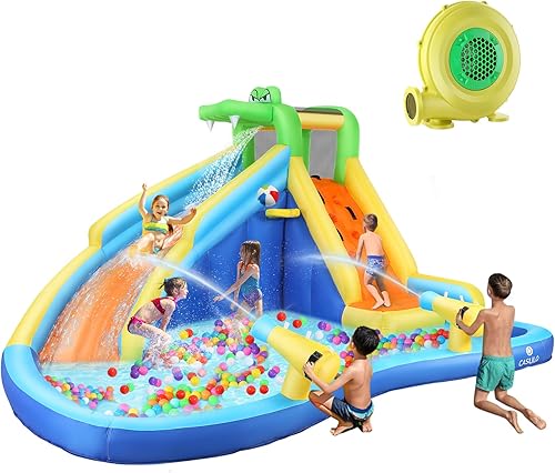 DREAMVAN Tobogán acuático inflable, parque acuático 7 en 1 con pared de escalada, piscina de salpicaduras, borde de baloncesto, cañón de agua,