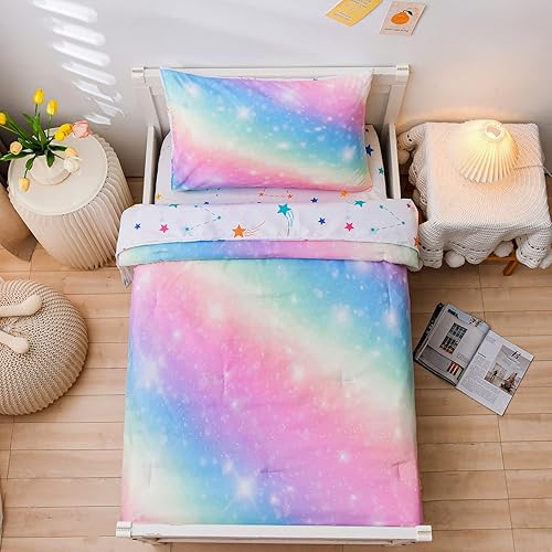 NTBED Juego de ropa de cama de 4 piezas para niñas bebés, estampado de purpurina arcoíris, incluye edredón, sábana encimera, sábana bajera y funda