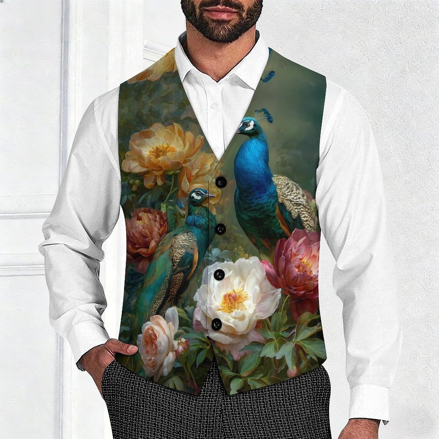 Peacock with Peony Flowers Men's Suit Vest Formal Vests Casual Dress Fit Waistcoat Casual Tuxedo for Business