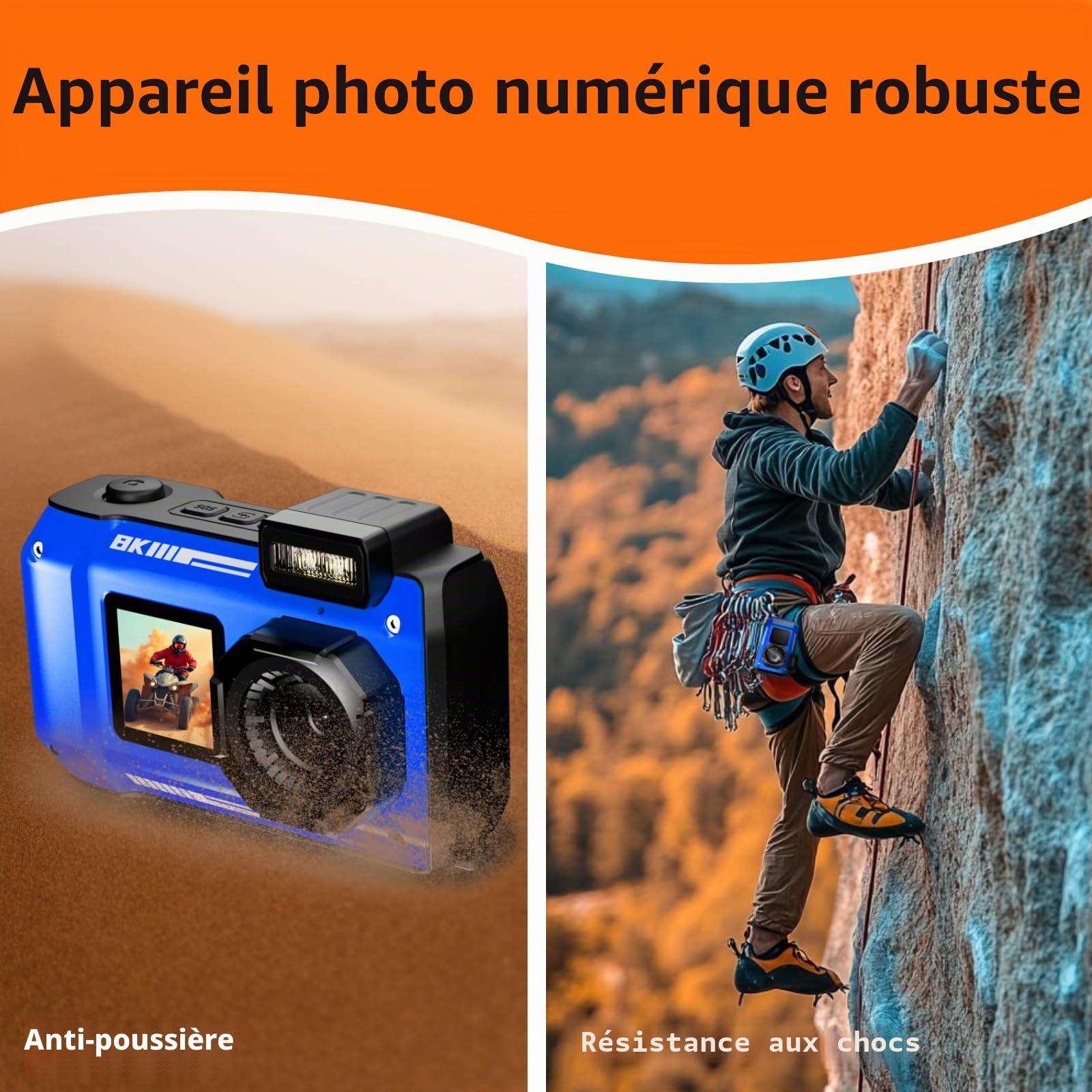 MaxMango D50 8K 70MP Appareil Photo Etanche，33FT Camera Etanche avec 64 Go de Stockage, Double écran 18x, Résistante à la Poussière et Aux Chocs, Autofocus