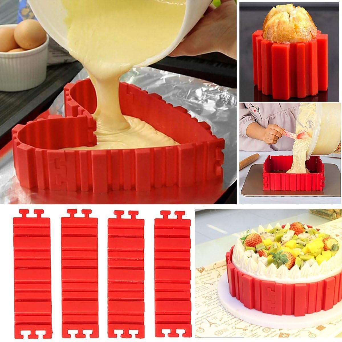 IBESTWIN Bake Snake Silicone Bottomless Cake Mold Tin Cake DIY Baking Tool (Round, Flower, Square, Heart Shape) 4PCS (Red)