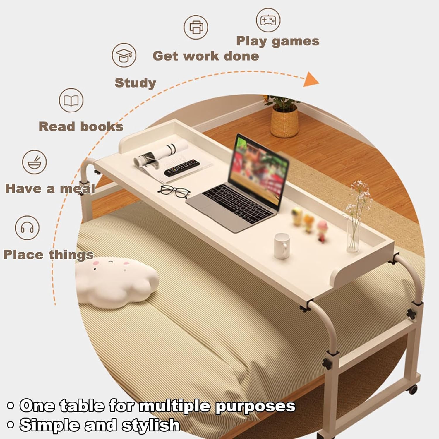 Tavolino da Letto con Ruote, Altezza Regolabile da 115 a 210 cm, per Laptop, Multifunzionale, per Ufficio, Camera da Letto, Soggiorno, Tavolo da Lavoro, Altezza Regolabile da 65 a 95 cm.