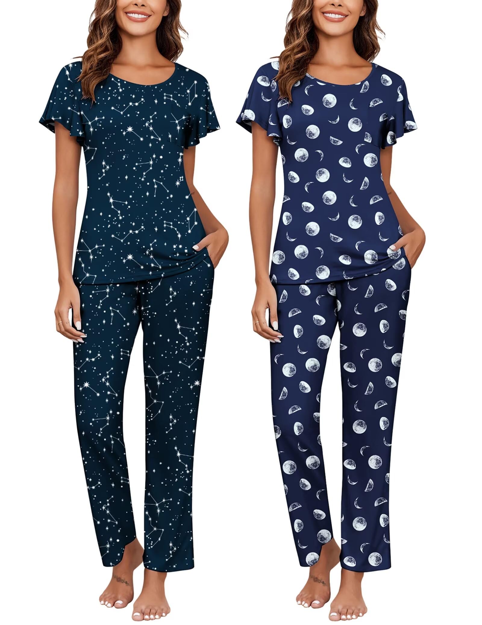 Ekouaer Pajamas for Women Set 2 Piece Comfy Loungewear, Lightweight Pjs Sleepwear, Short Sleeve Top &amp; Long Pants with Pockets