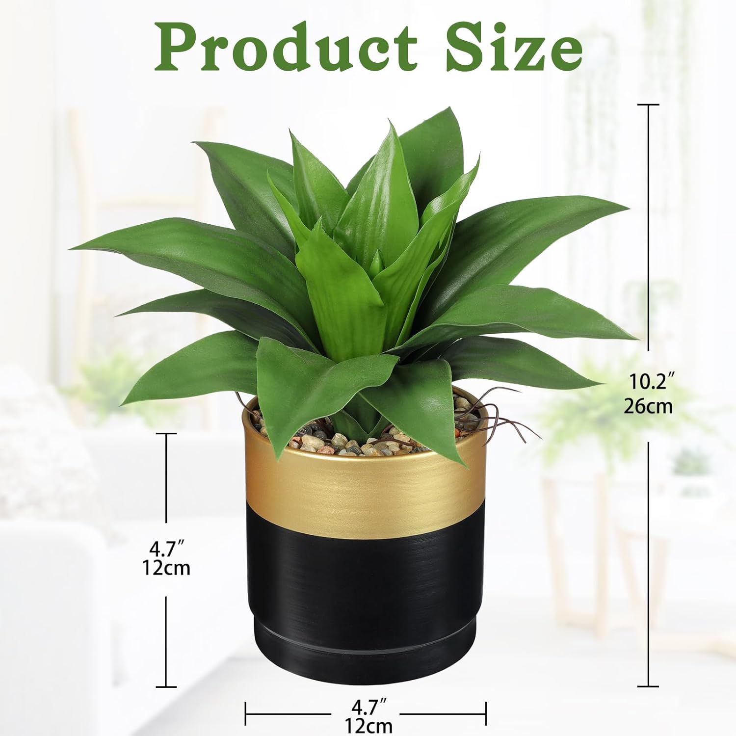 Briful Agave Artificial Wide Leaf Plant in Black and Gold Pot – 10.2” Tall Faux Greenery with Plastic Leaves & Pebble Base, Fake Plants for Indoor Table Decor, Desk, Shelf, Office or Bathroom