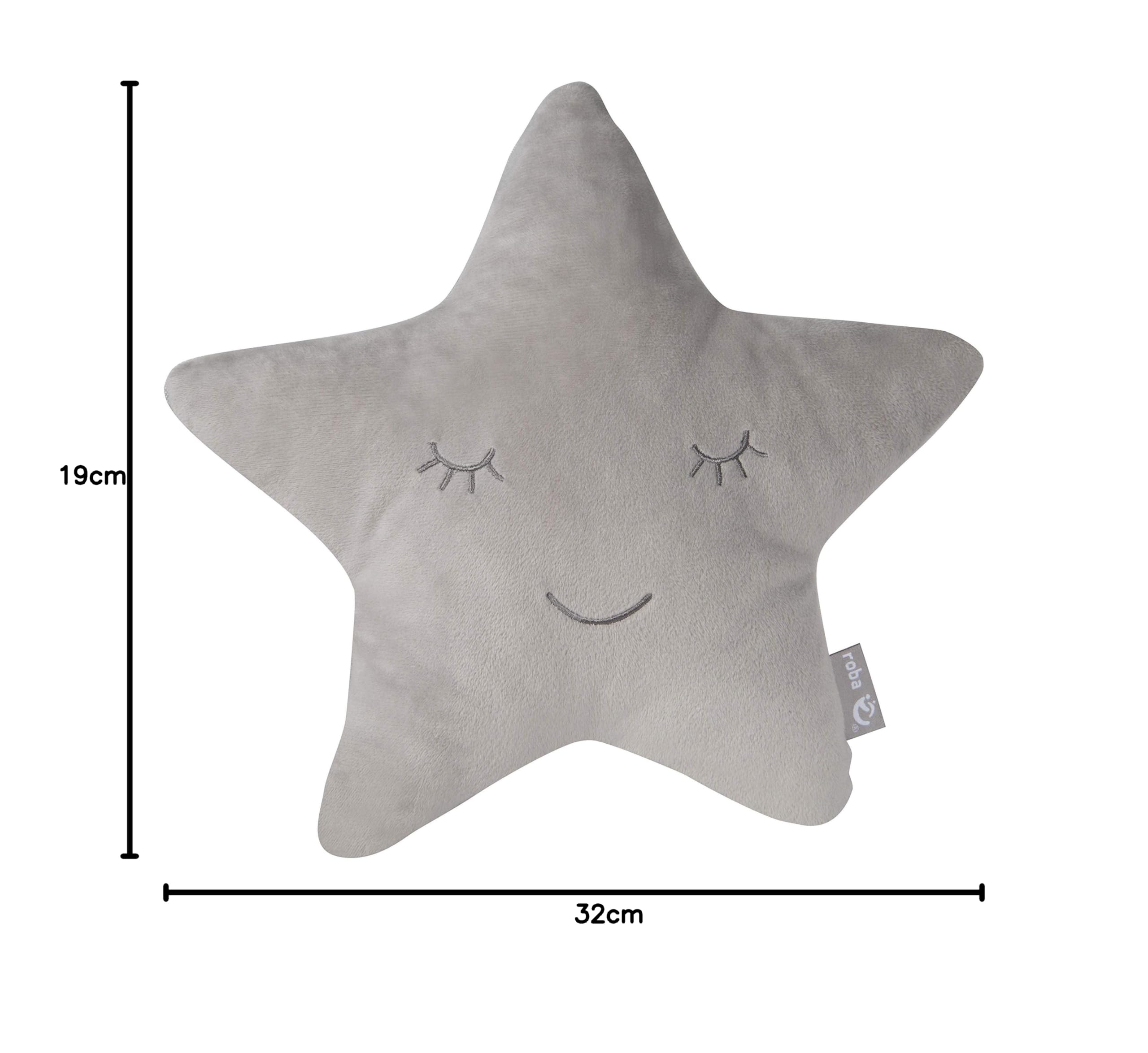 roba Coussin Décoratif pour Chambre d'Enfant en Forme d'Étoile roba Style - 32 x 28 cm - Oreiller Bébé en Peluche - Visage Souriant Brodé - Gris Argenté