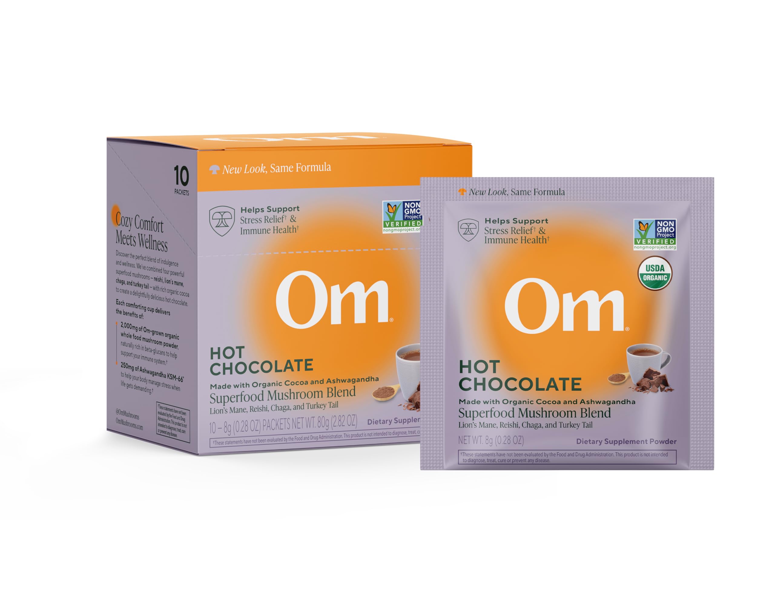 OM MUSHROOM SUPERFOOD Hot Chocolate Blend – Dutch Cocoa Mushroom Powder with Lion’s Mane, Reishi, Chaga & Turkey Tail – Focus, Calm & Stress Support – 2g Sugar, 25 Calories – Single Serve (10 Count)