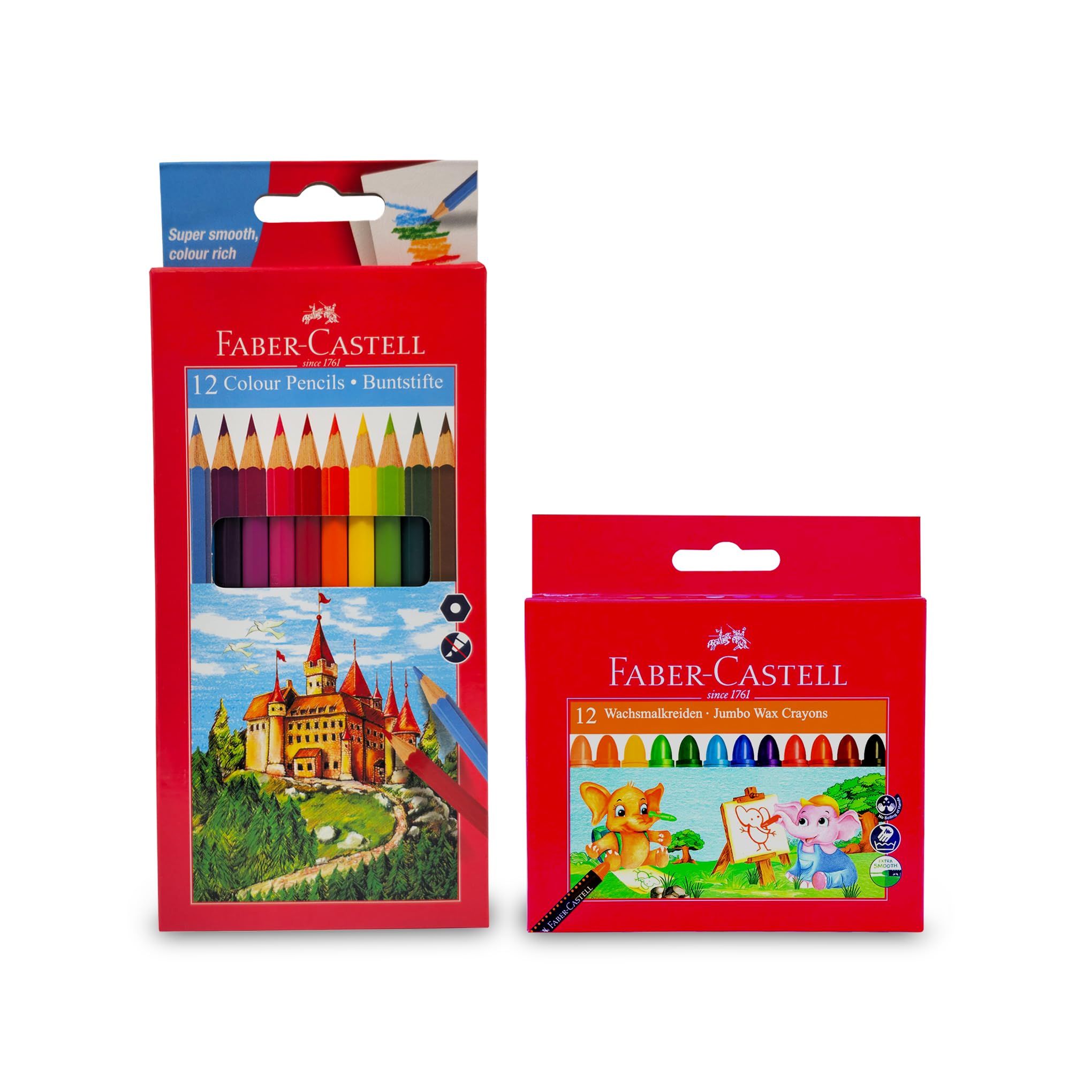 Faber-Castell Color Pencil 12Colours + Washable Jumbo Wax Crayons 12 Colours, Draw and sketch with this amazing set