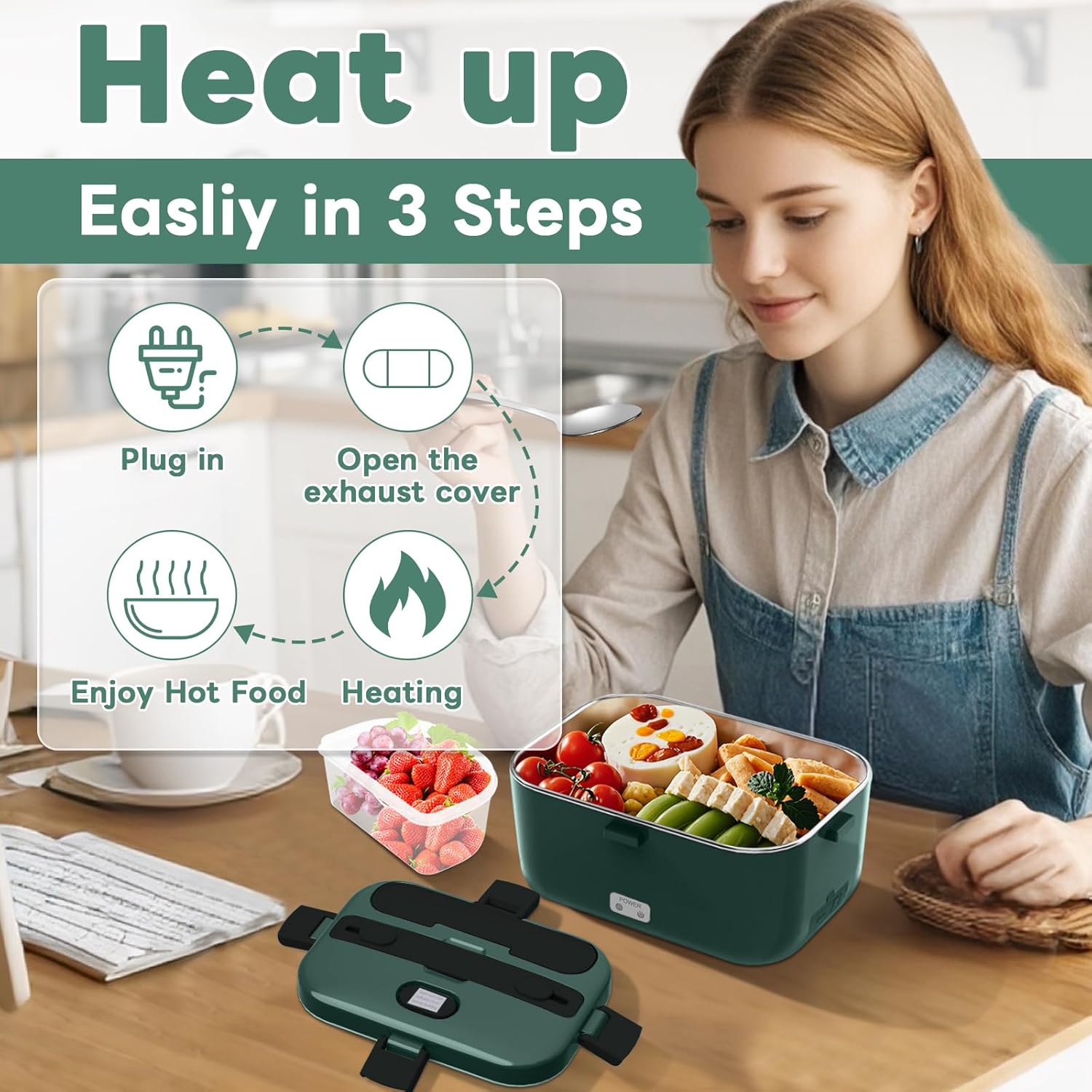 Three steps to heat food in the electric lunch box