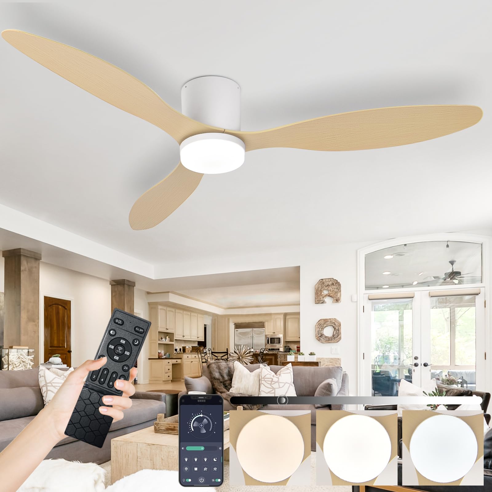SXDMOUBK 52in White Wood Grain Ceiling Fan with LED Light Remote Control Silent Operation Dimmable Memory 6 speed Reversible DC Motor Timer Function Modern Chandelier